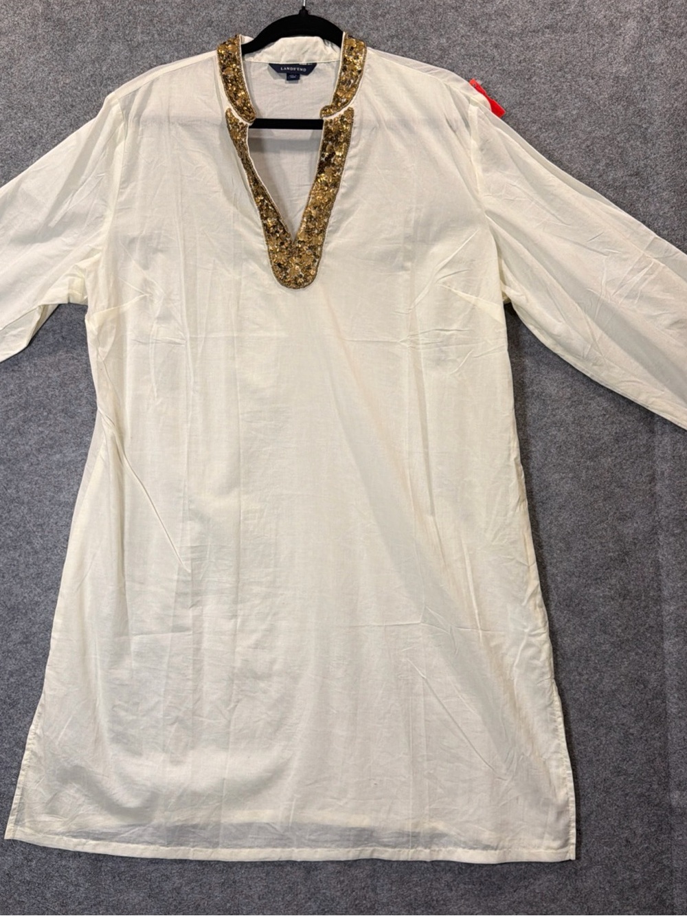Lands End Large Tunic w Gold Sequin Trim slit 100% Cotton Cottage Core
